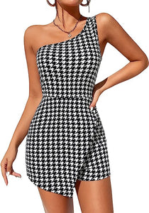 Black & White Checkered One Shoulder Shorts Romper