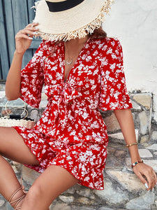 Cute Red Floral Tie Front Ruffled Shorts Romper