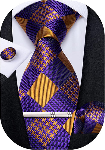 Men's High Quality Jacquard Silk Purple/Gold Cufflink Tie Clip Set