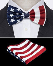 Load image into Gallery viewer, Stars and Stripes Pre-tied Bow Tie and Pocket Square Sets
