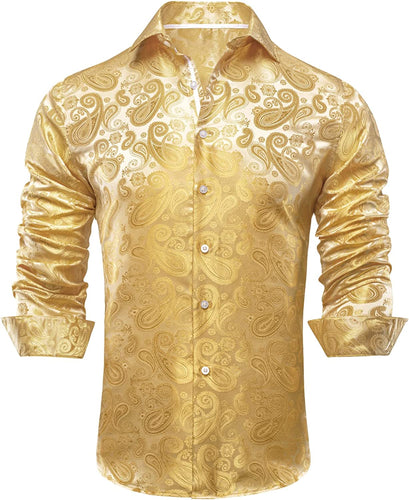 Men's Gold Paisley Button Down Long Sleeve Shirt