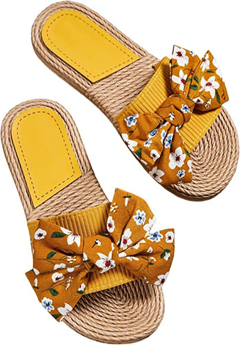 Summer Yellow Printed Brown Braided Sandals