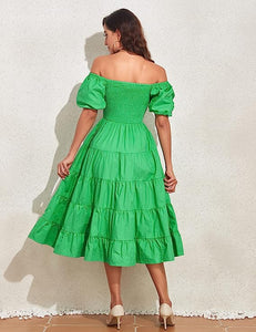 Mod Style Summer Green Puff Sleeve Midi Dress