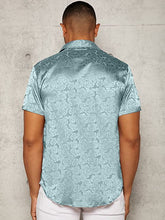 Load image into Gallery viewer, Men&#39;s Navy Blue Floral Satin Button Up Short Sleeve Shirt