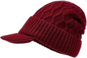 Men's Wine Red Wool Knit Visor Beanie Hat