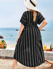 Load image into Gallery viewer, Kimono Black Stripe Tie Front Plus Size Long Coverups