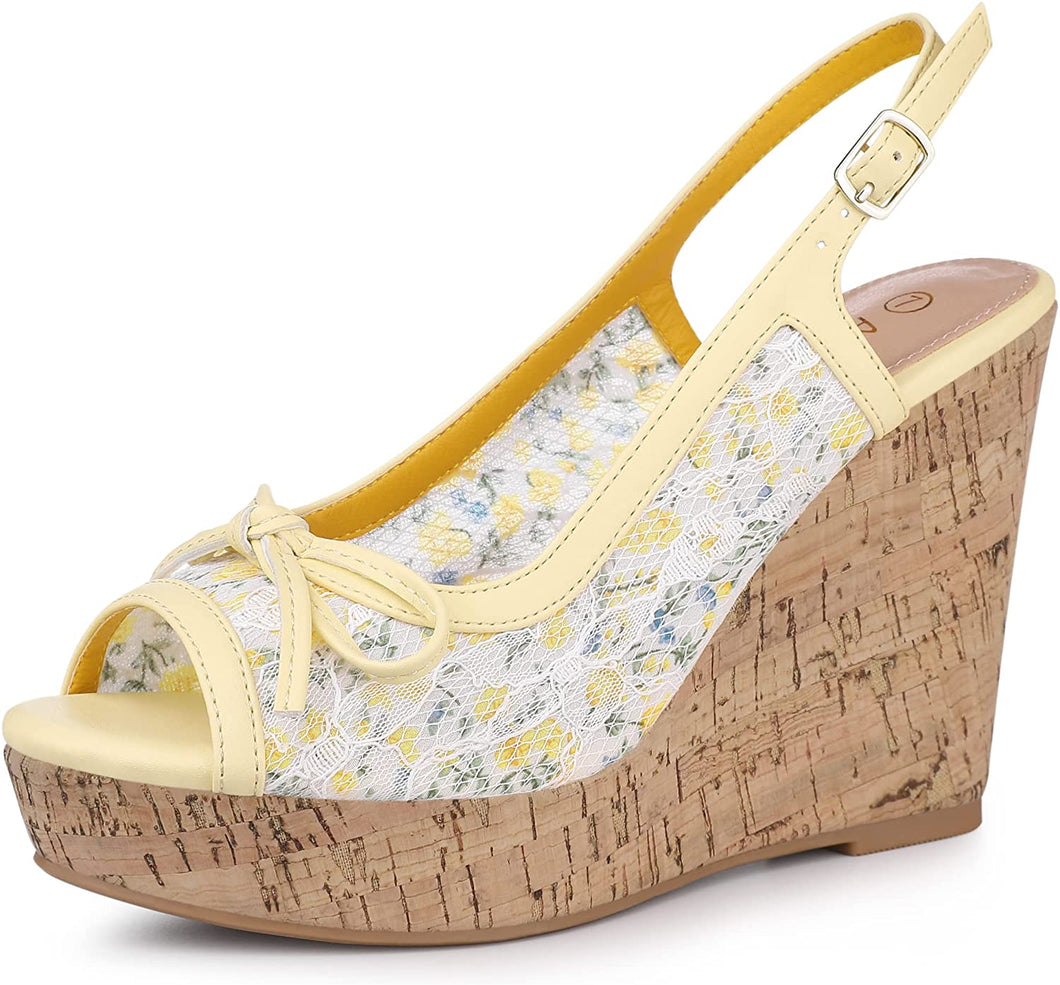 Yellow Floral Lace Platform Wedge Heel Sandals