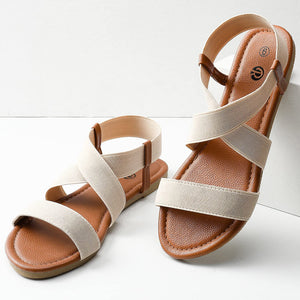 Cross Strap Beige Non Slip Flat Elastic Sandals