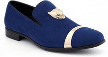 Load image into Gallery viewer, Men&#39;s Royal Blue Gold Tiger Head High Quality Velvet Loafer Dress Shoes