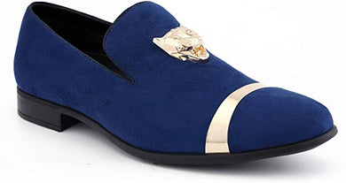 Men's Royal Blue Gold Tiger Head High Quality Velvet Loafer Dress Shoes