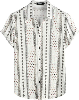 Men's White Diamond Print Casual Short Sleeve Shirt