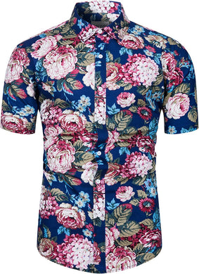 Men's Hawaiian Blue/Pink Floral Button Up Short Sleeve Shirt