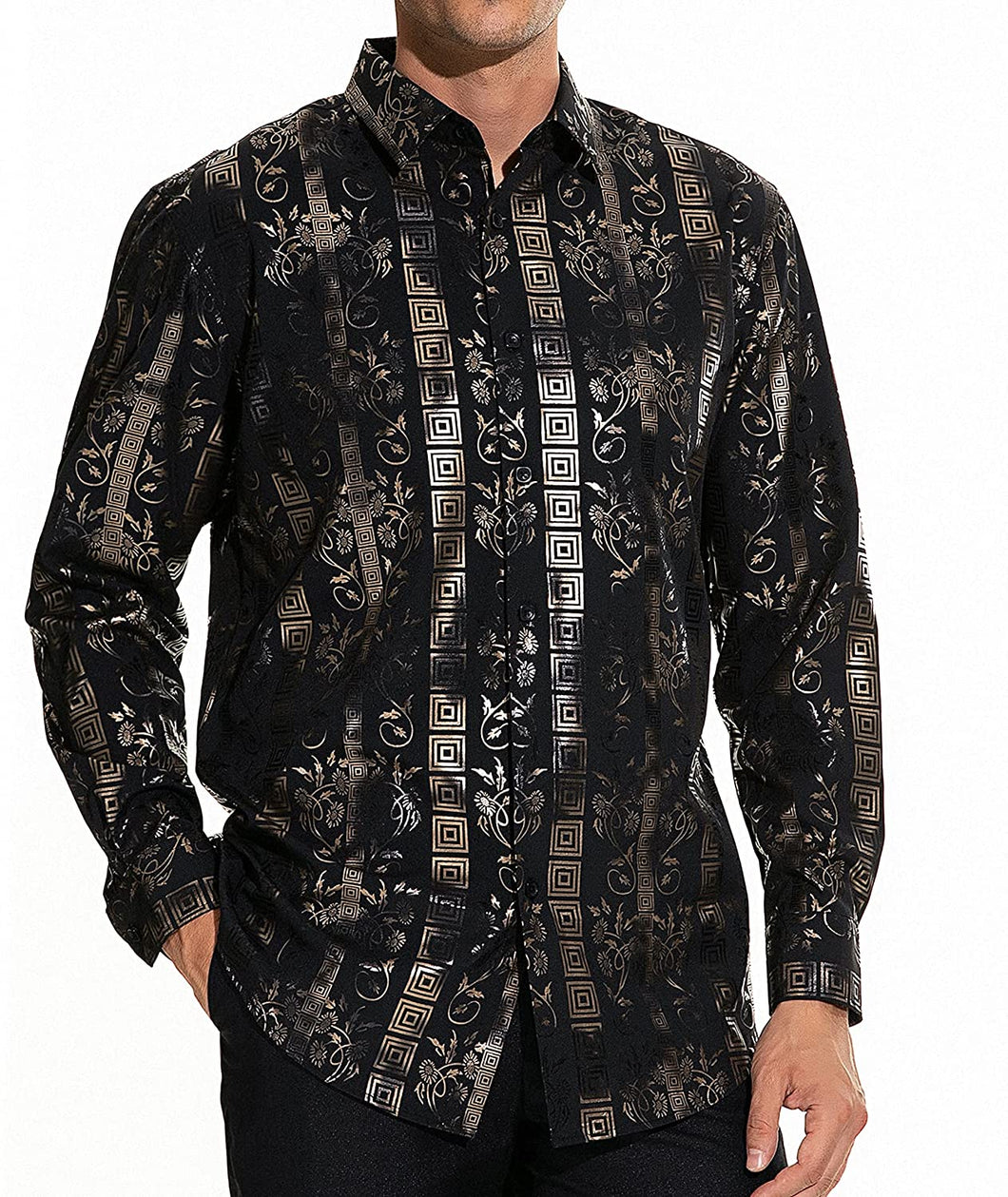 Men's Black Luxury Geometric Print Long Sleeve Shirt