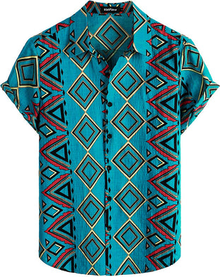Men's Turquoise Blue Diamond Print Casual Short Sleeve Shirt