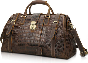 Crocodile Pattern Brown Cowhide Leather Weekender Duffel Bag
