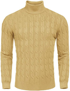 Men's White Cable Knit Long Sleeve Turtleneck Sweater