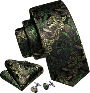 Men's Dark Green Floral Paisley Print Silk Tie Set w/Handkerchief & Cufflinks