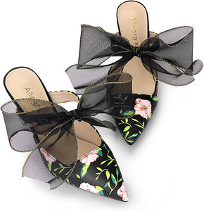 Chiffon Bow Black Floral Pointed Toe Heels