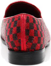 Load image into Gallery viewer, Rhinestone Round Toe Red-Black Plaid Suede Slip-On Loafers