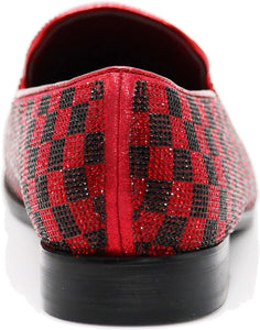 Rhinestone Round Toe Red-Black Plaid Suede Slip-On Loafers