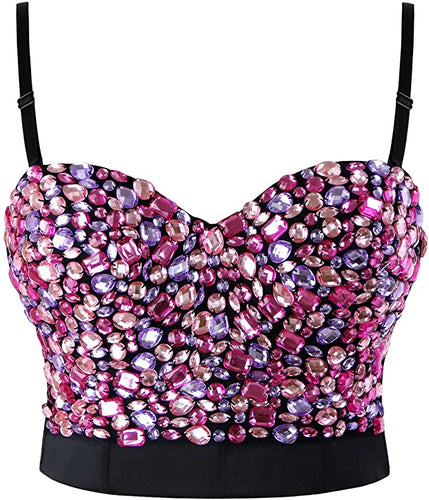 Diamond Purple Multi Color Studded Sweetheart Bustier Corset Crop Top