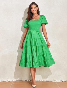 Mod Style Summer Green Puff Sleeve Midi Dress