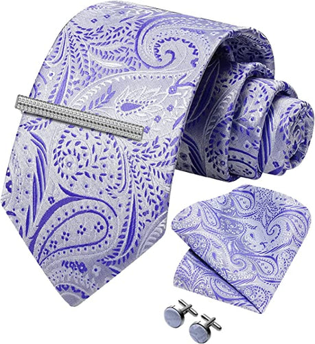 Men's Paisley Purple Blue Formal Cufflink Tie Clip Set
