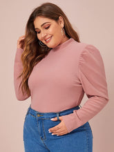 Load image into Gallery viewer, Plus Size Mock Neck Dusty Pink Letter Print Long Sleeve Blouse