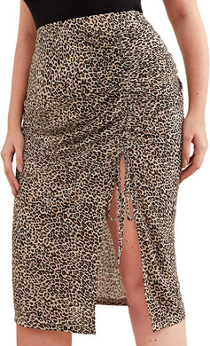 Plus Size Leopard Brown Ruched Midi Skirt