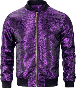 Men's Silver Casual Paisley Windbreaker Long Sleeve Bomber Jacket