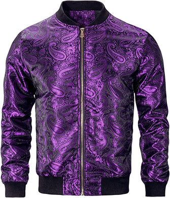 Men's Purple Casual Paisley Windbreaker Long Sleeve Bomber Jacket