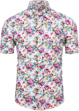 Men's Hawaiian White/Red Floral Button Up Short Sleeve Shirt