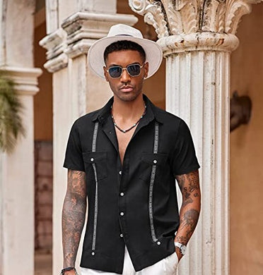 Men's Black Button Front Cuban Linen Short Sleeve Shirt