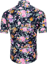 Load image into Gallery viewer, Men&#39;s Hawaiian Black/Pink Floral Button Up Short Sleeve Shirt