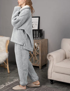 Women's 2 Pcs Fuzzy Fleece Grey Flannel Plush Sleepwear