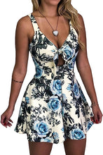 Load image into Gallery viewer, Navy Blue Floral Sleeveless Tied Shorts Romper