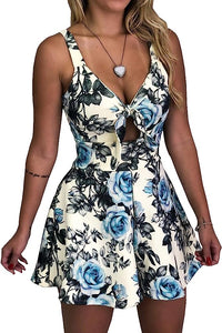 Navy Blue Floral Sleeveless Tied Shorts Romper