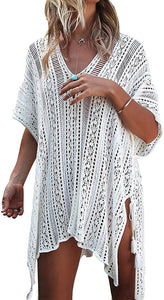 Crochet White V-Neck Swimwear Beach Cover Up