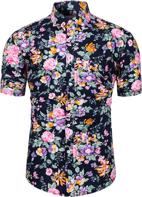 Men's Hawaiian Black/Pink Floral Button Up Short Sleeve Shirt