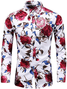 Men's Blue & White Roses Long Sleeve Collared Button Down Shirt