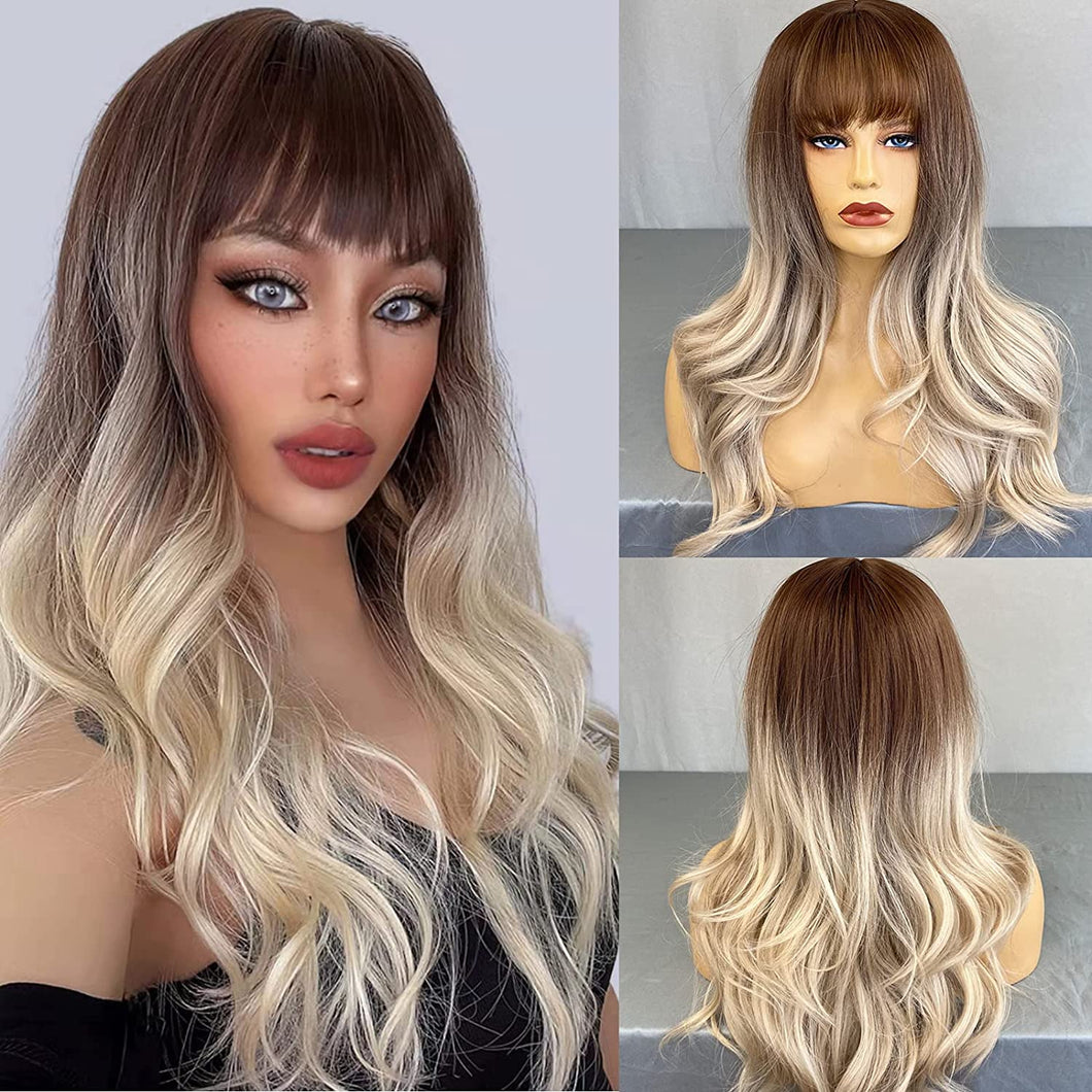 Natural Looking Long Wavy Synthetic Wig w/Bangs