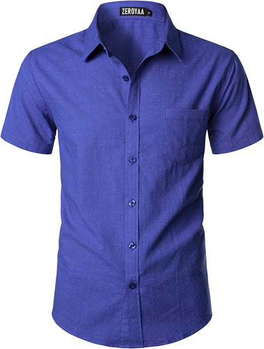 Men's Royal Blue Linen Button Up Short Sleeve Shirt