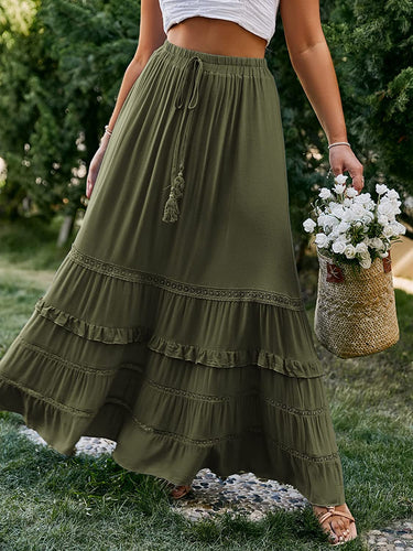 Plus Size Olive Green Boho Ruffled Drawstring Maxi Skirt