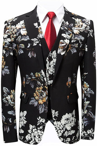 Floral Printed Black 3 Piece Stylish Men's Suit