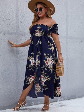 Navy Blue Floral Plus Size Off Shoulder Summer Dress