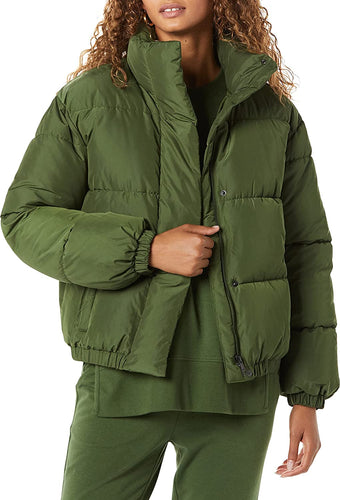 Mock Neck Olive Short Women's Puffer Jacket