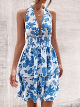 Load image into Gallery viewer, Blue Floral Print Halter Backless Ruffle Hem Summer Dress