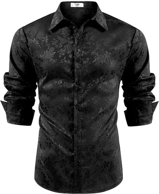 Men's Shiny Satin Black Floral Button Down Long Sleeve Shirt