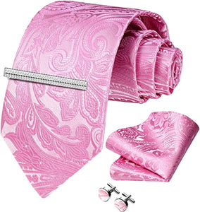 Men's Paisley Light Pink Formal Cufflink Tie Clip Set