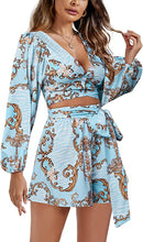 Load image into Gallery viewer, Destination Blue Printed Long Sleeve Shorts Romper